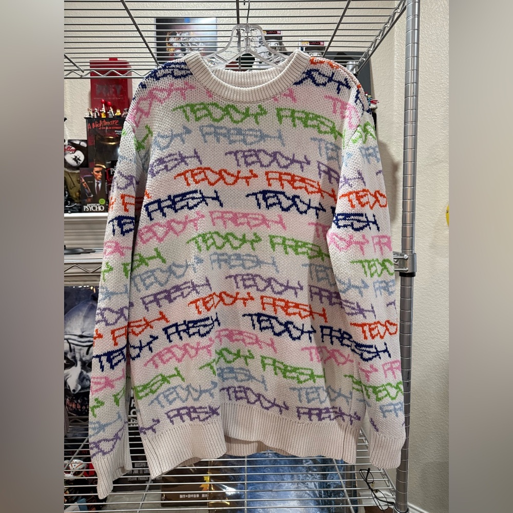 Teddy Fresh All Over Print Multicolor Sweater Adult Size Large Oversized